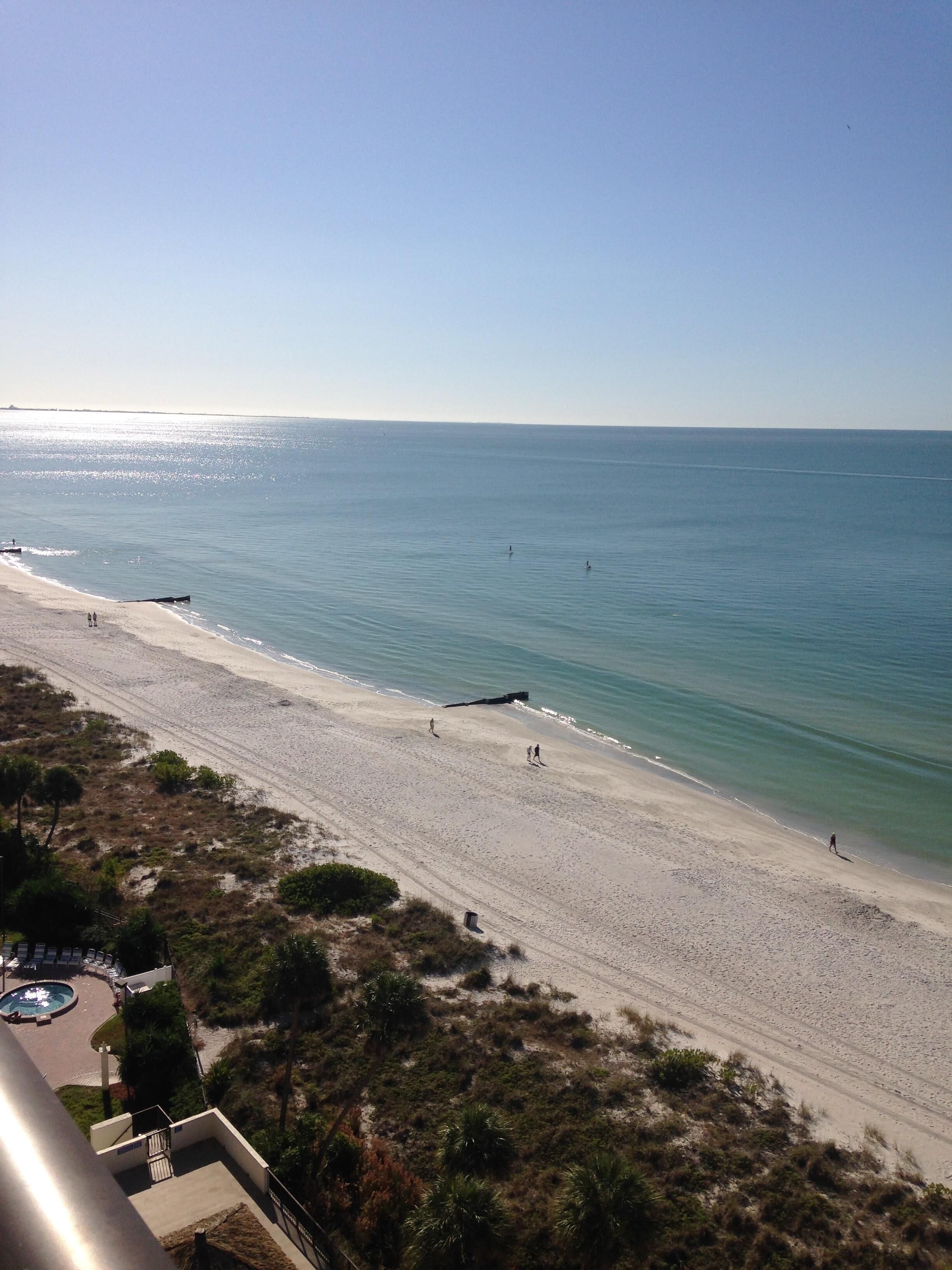 A beach with a clear view of the ocean, a sandy shore, and some vegetation.