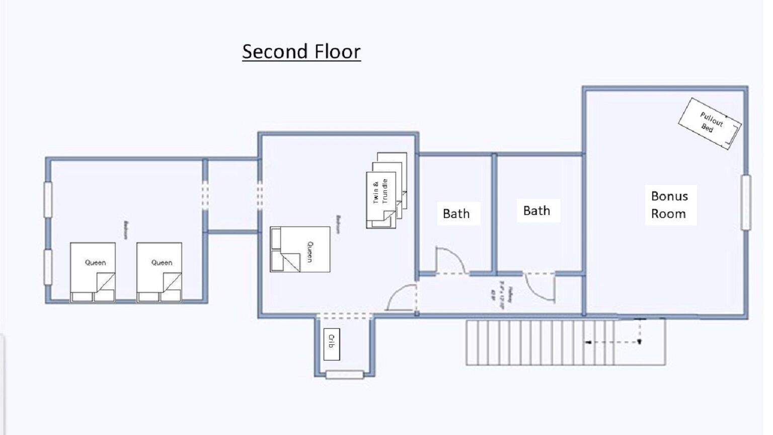 Ein Grundriss eines Hotels mit Doppel- und Queensize-Zimmern, einem zusätzlichen Zimmer und zwei Badezimmern.