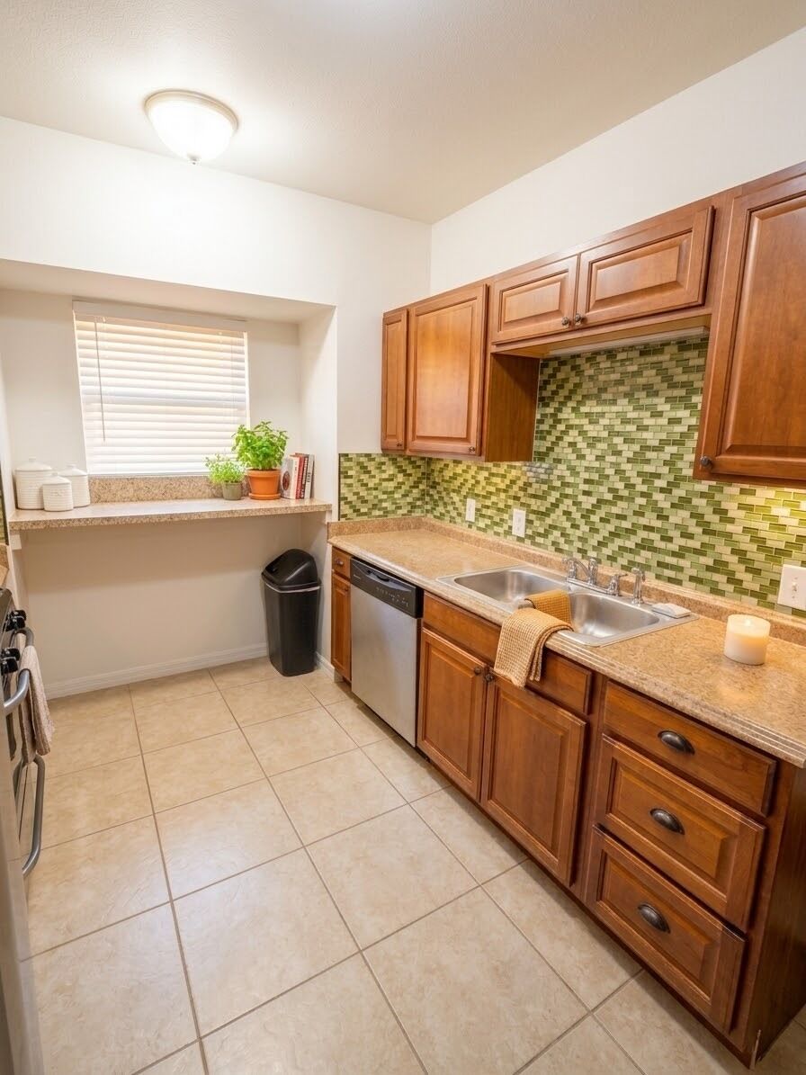 A kitchen with wooden cabinets, a tiled backsplash, a window with blinds, and a trash can.