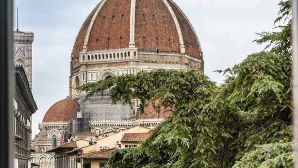 A view of a large dome building with intricate architectural details, surrounded by trees and other buildings. - Amazing Penthouse Le Terrazze Luxury Apartment Duomo view (Firenze)