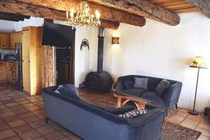 TV, lareira, DVD player, livros