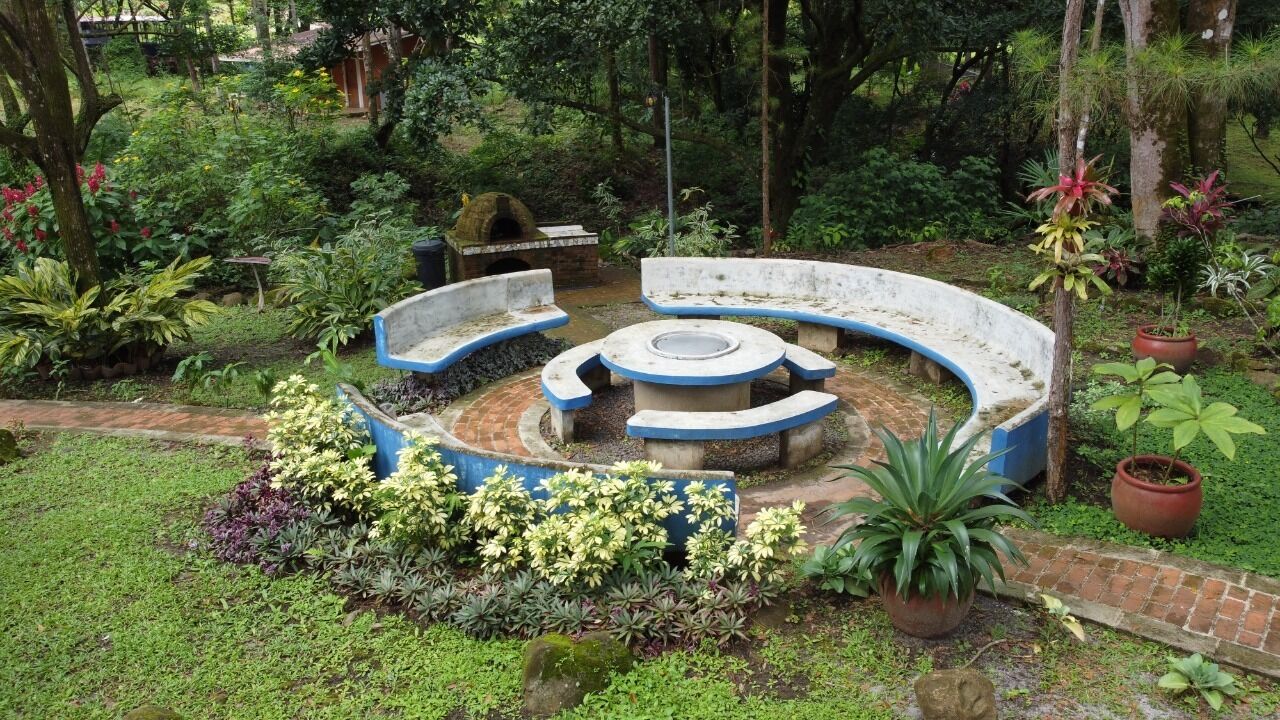 Un banco de piedra circular con un hogar en el centro, rodeado de vegetación exuberante y plantas en macetas.