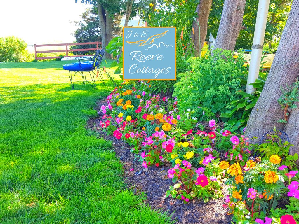 Un jardin agrémenté d’une pancarte indiquant « J&S Reeves Cottages », entouré de fleurs aux couleurs vives et délimité par une clôture en bois.