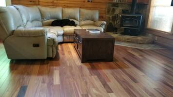 Älytelevisio, takka, DVD-soitin, kirjoja