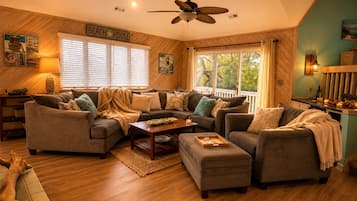 Smart TV, fireplace, video games, DVD player