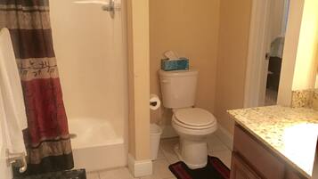 Combined shower/bathtub, jetted bath, hair dryer, towels