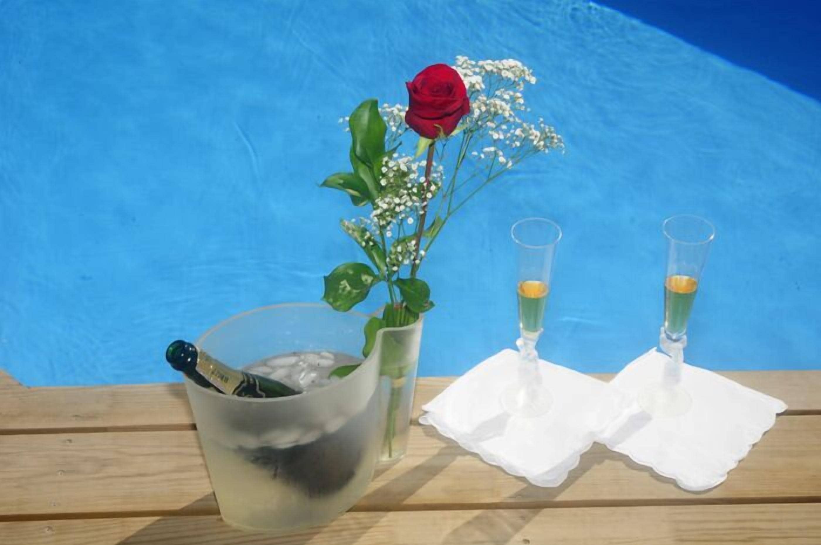 Uma mesa com uma garrafa de champanhe, um vaso de vidro com uma rosa vermelha e mosquitinho, e dois copos para shots sobre um guardanapo branco perto de uma piscina.