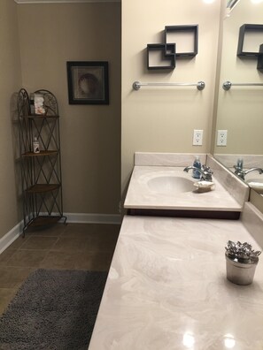 Hair dryer, towels, soap, shampoo