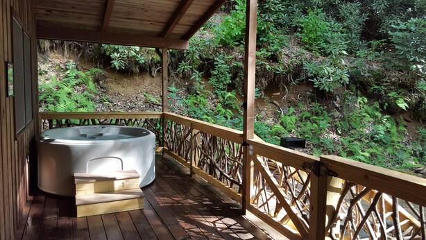 Une terrasse en bois avec un jacuzzi, entourée d’une forêt dense.