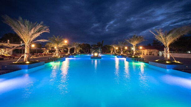 Vista nocturna de una piscina con palmeras iluminadas y cielo despejado.
