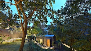 Une maison moderne avec un petit jardin, une porte en bois et un escalier menant à l’entrée.