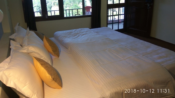 Une chambre à coucher avec un lit, des oreillers et une fenêtre donnant sur un paysage verdoyant.