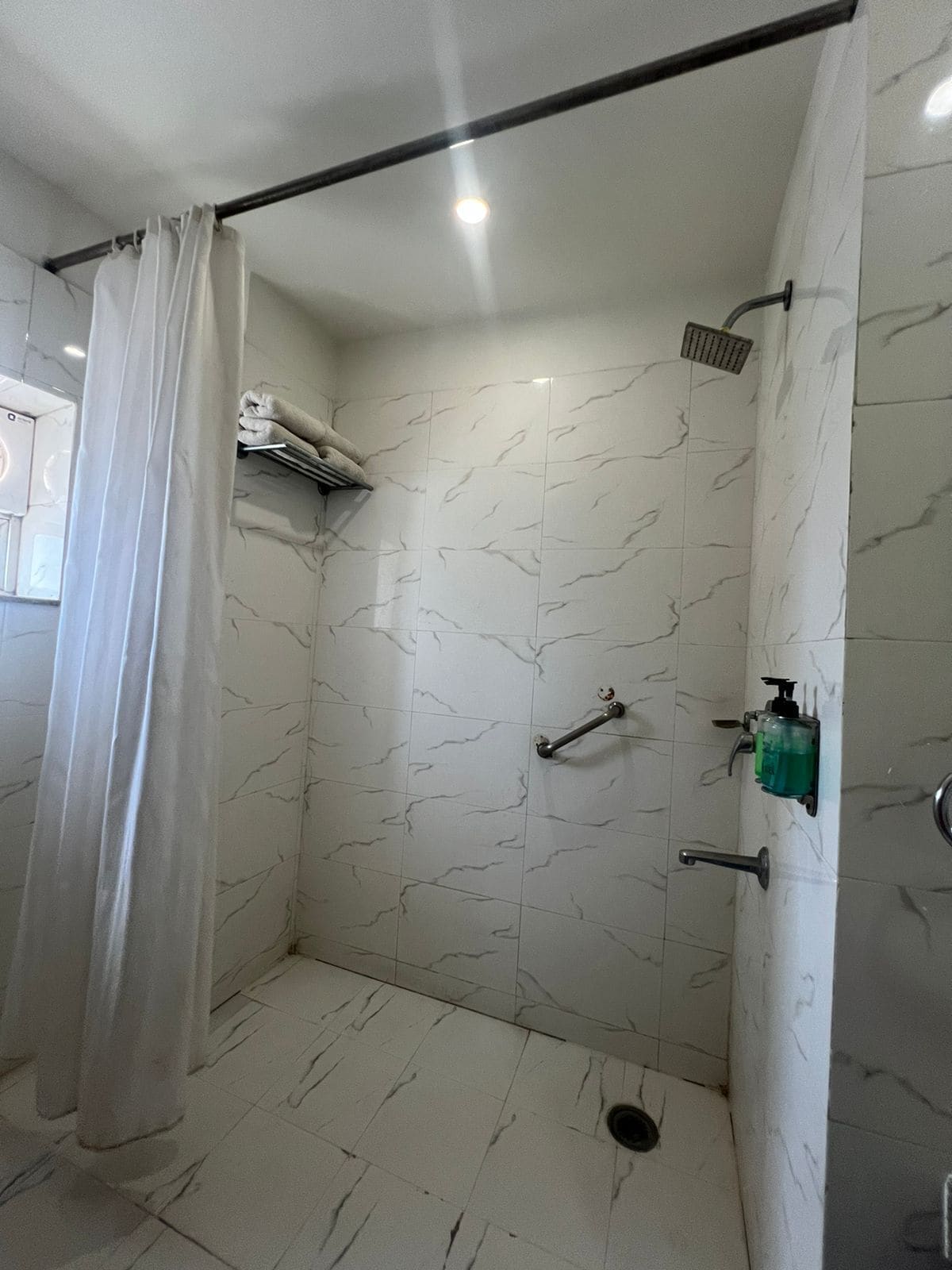 A shower with a glass door, a towel rack, a handheld showerhead, and a soap dispenser.