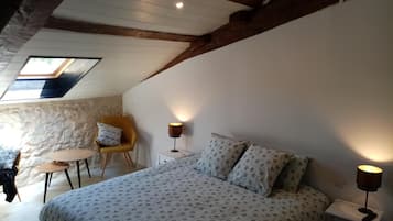 A bedroom with a bed, a chair, a small table, and a lamp. There is a skylight above the bed.