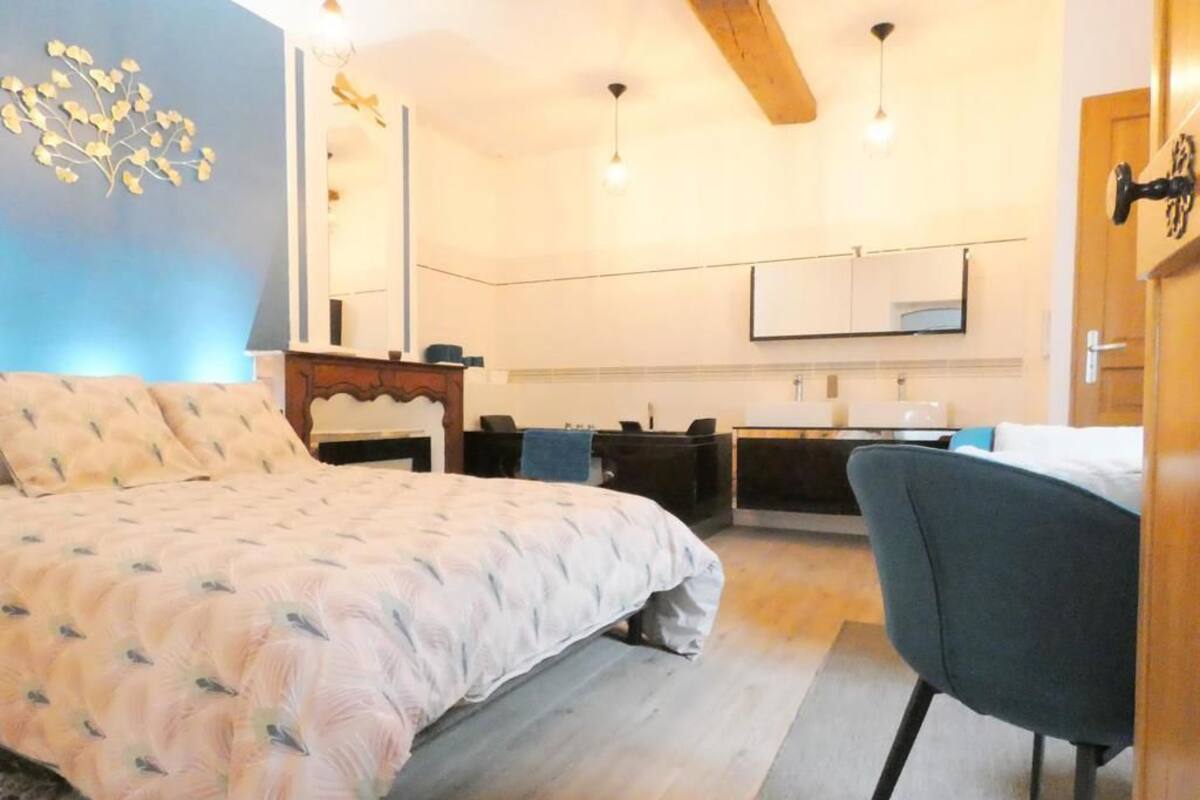 Une chambre comprenant un lit, une chaise, un bureau et un coin cuisine.