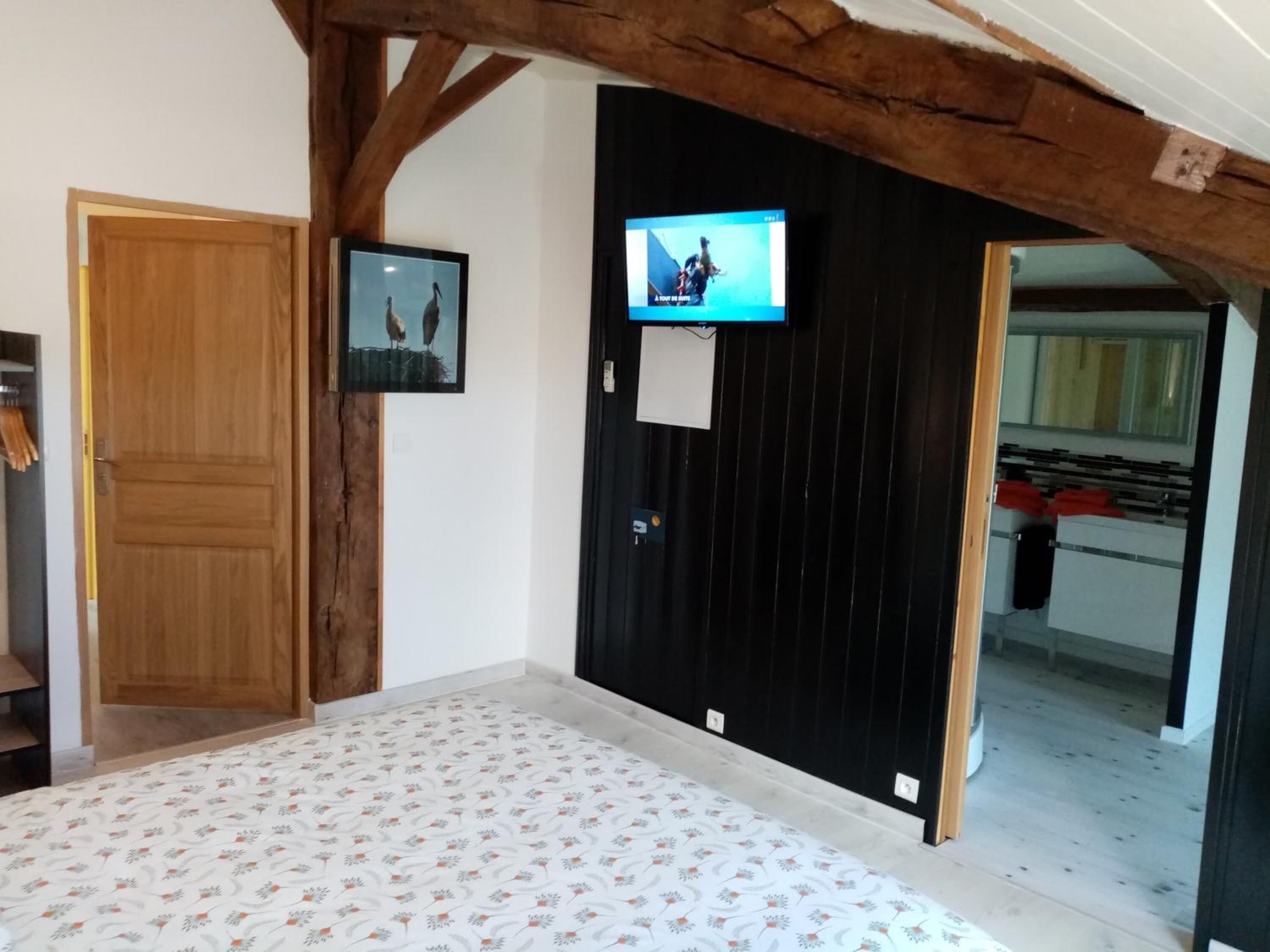 Een slaapkamer met een houten deur, een aan de muur bevestigde televisie en een kamerbreed tapijt met dessin.