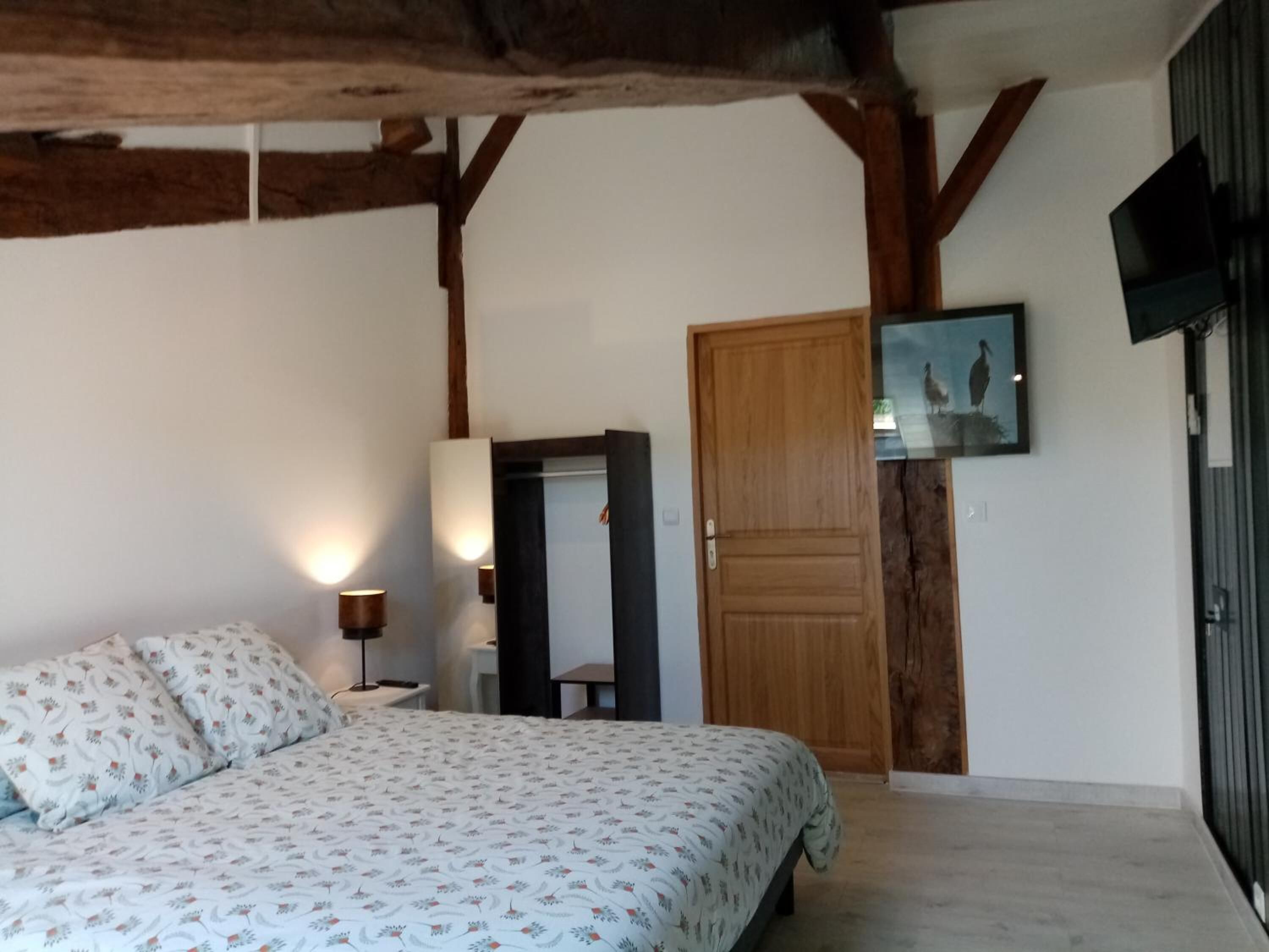 A bedroom with a bed, a wooden door, a mirror, a wall-mounted TV, and a framed picture.