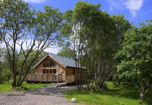 A wooden cabin with a porch, surrounded by trees and a gravel path. - The Cabins, Loch Awe (Taynuilt)