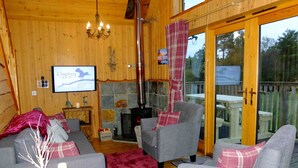 Un acogedor interior de cabaña con chimenea, paredes de madera, un sofá y un televisor que muestra 'Osprey Log Cabin'.