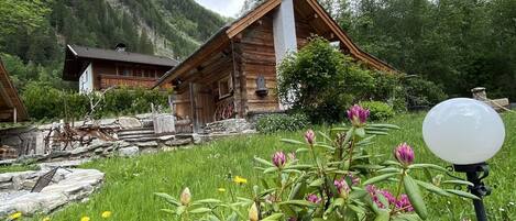 Una cabaña rústica de madera con cimientos de piedra, rodeada de exuberante vegetación y un paisaje montañoso.