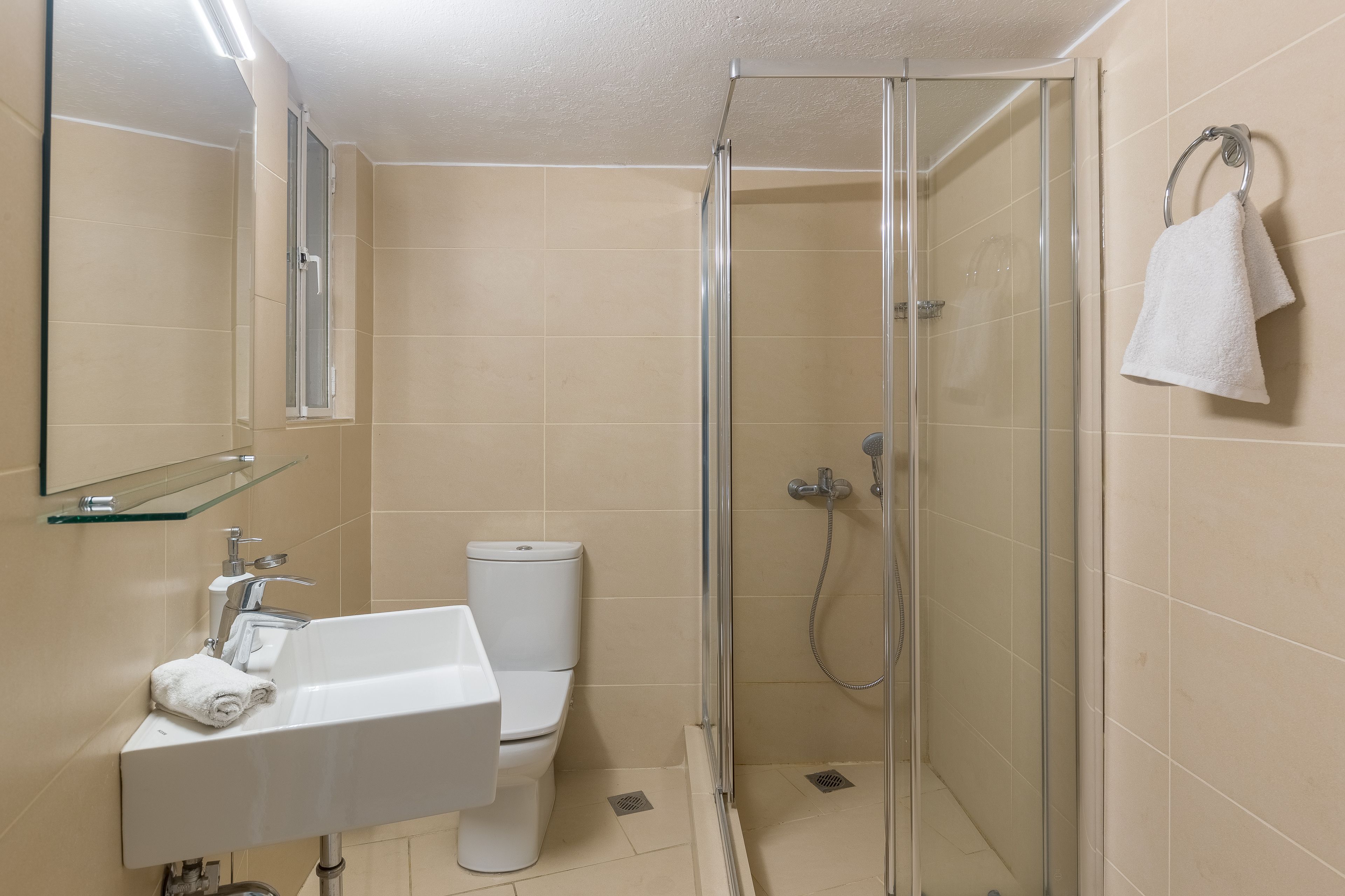 A modern bathroom with a glass-enclosed shower, a white sink, and a toilet.