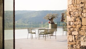 A terrace with stone walls, a table with chairs, and a potted tree. - ROXANICH Winery and Design Hotel (Motovun)
