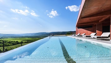 Seasonal outdoor pool, pool loungers