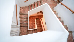 Una escalera de madera con barandilla blanca que baja a un nivel inferior.