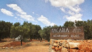 A rustic wooden sign with the text "MACARIA ACCAMPAMENTO RUALE" and a mountain icon. - Accampamento Rurale Macaria (Alliste)