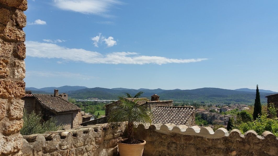 A stone wall with a potted plant, overlooking a town with traditional buildings and distant mountains.