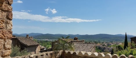 A stone wall with a potted plant, overlooking a town with traditional buildings and distant mountains.