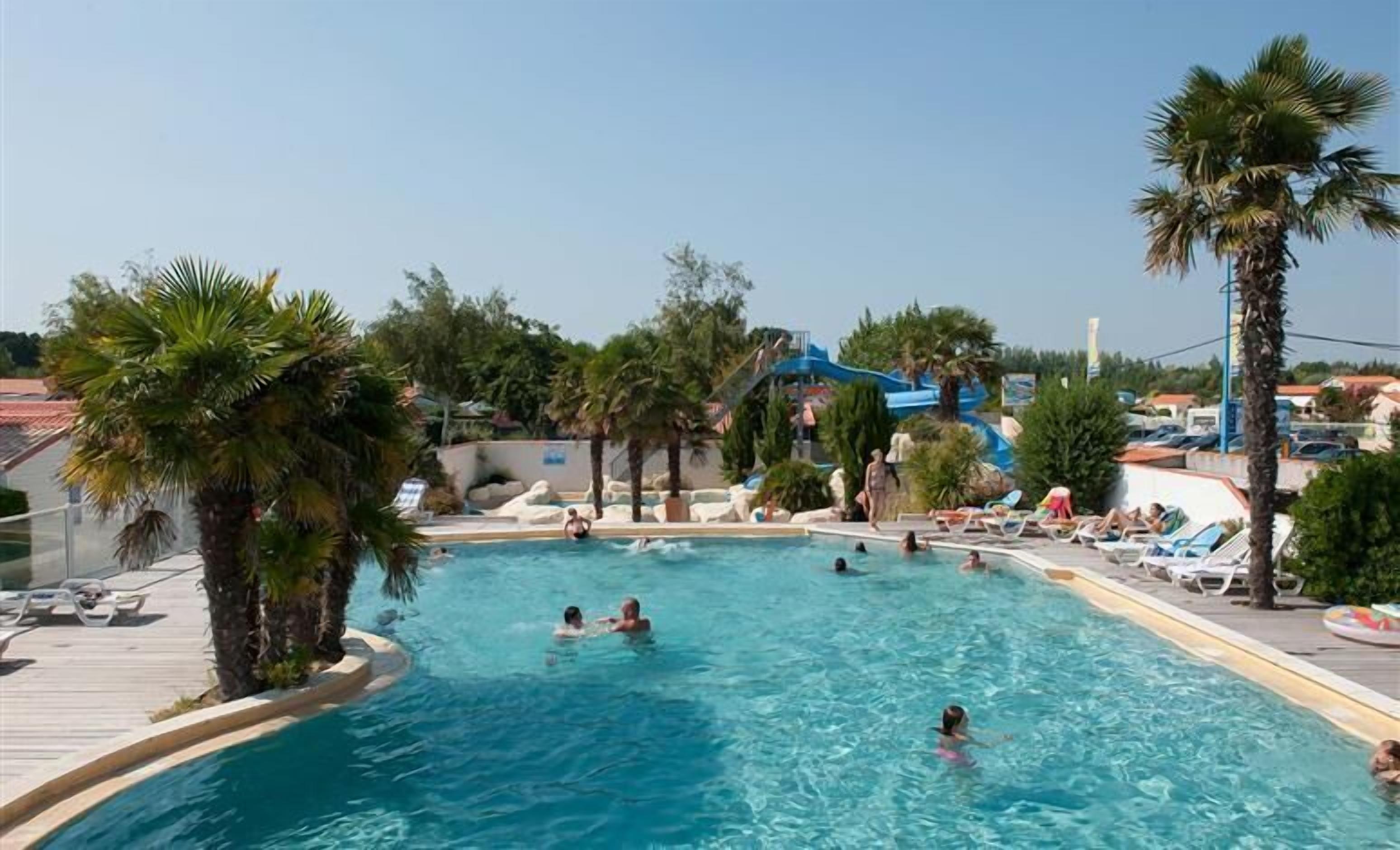 A swimming pool with people in it, surrounded by palm trees and a water slide in the background.