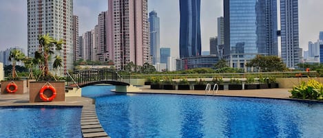 Outdoor pool, pool umbrellas