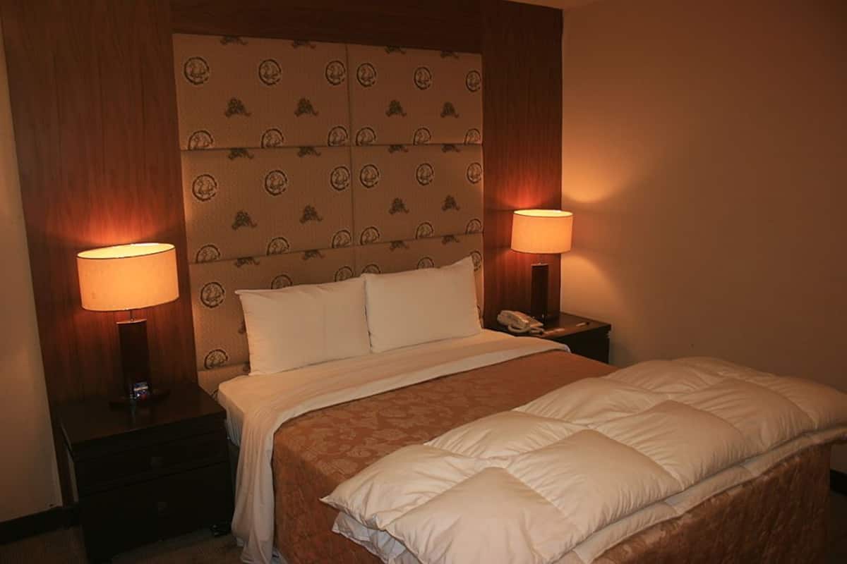 A hotel room with a large bed, two bedside tables with lamps, a telephone, and a patterned headboard.