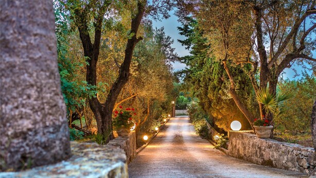 A pathway flanked by trees and stone walls with lights, leading to a distant view. - Kardaris Villa (Zakynthos)