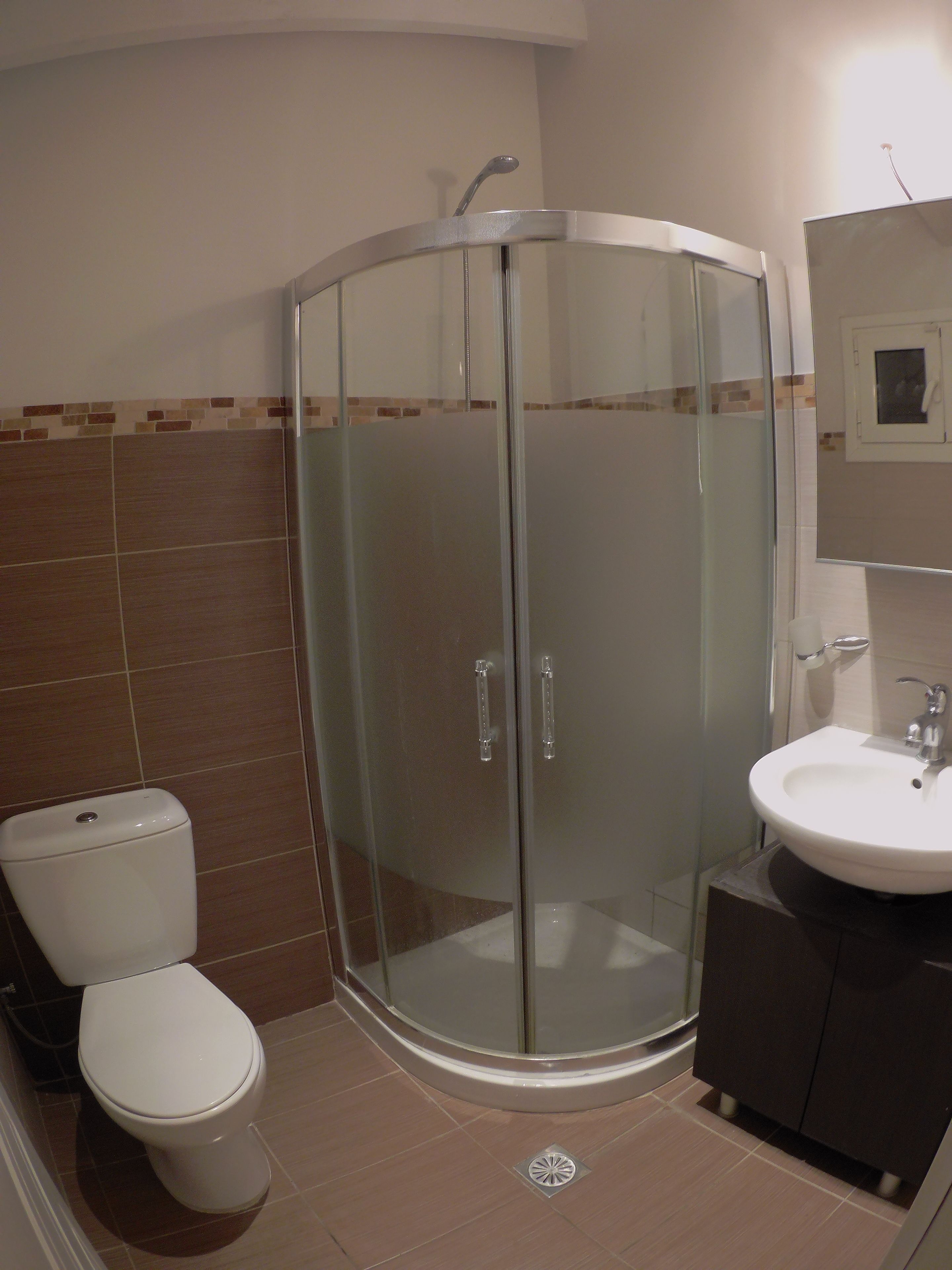 A bathroom with a glass-enclosed shower, a toilet, and a sink.