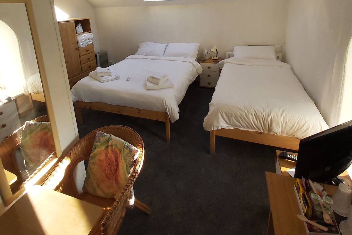 Une chambre d’hôtel compacte, dotée de deux lits simples, d’un petit bureau, d’une chaise et d’une fenêtre donnant sur un espace verdoyant.