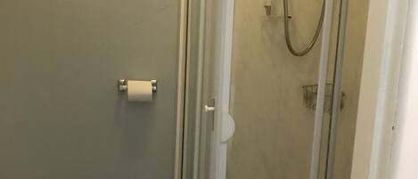 Un petit espace douche fermé, doté d’une porte en verre, de toilettes et d’un rouleau de papier toilette fixé au mur.