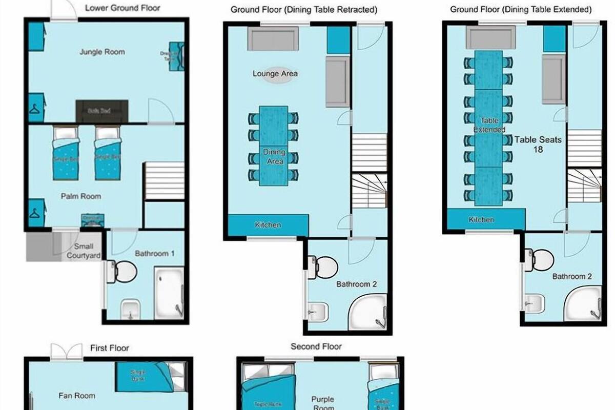 A hotel layout with multiple floors, including a Jungle Room, Palm Room, Lounge Area, Dining Area, Kitchen, and several bathrooms.