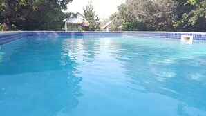 Una piscina azul cristalina rodeada de árboles y un edificio blanco.