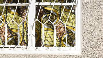 A window with a geometric pattern.