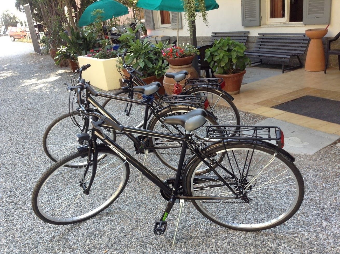 Ein Fahrrad auf einer gepflasterten Fläche, im Hintergrund Kübelpflanzen und Sitzgelegenheiten im Freien.