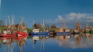 Un puerto tranquilo con varias embarcaciones amarradas, reflejándose en el agua.