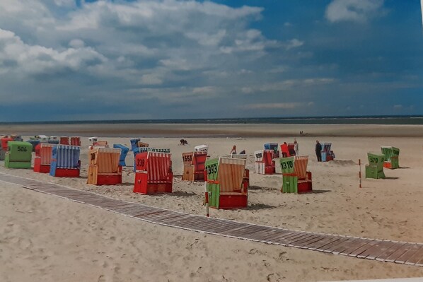 A beach with numbered beach chairs and a wooden boardwalk.