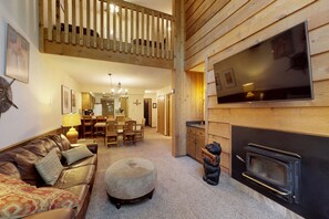 TV, DVD player, video library, stereo