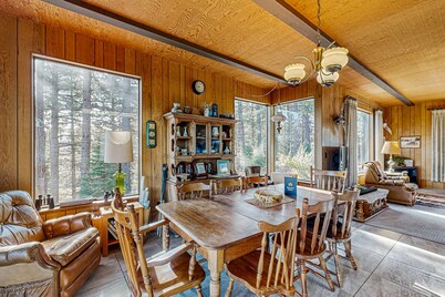 Rustic riverfront house with wood stove & valley views from private deck