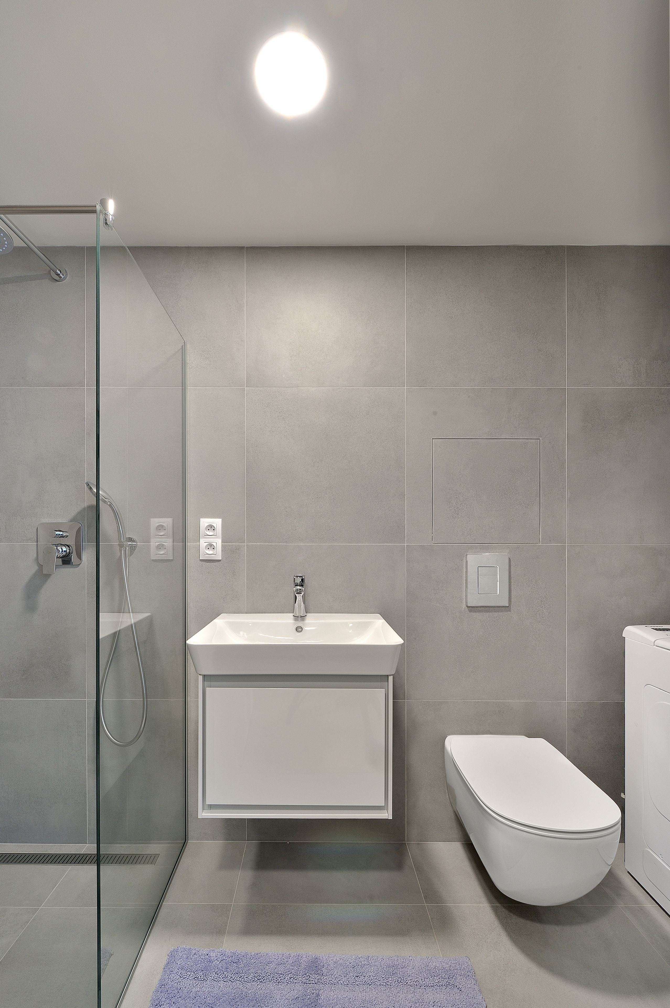 A modern bathroom with a glass shower enclosure, a white sink, and a toilet.