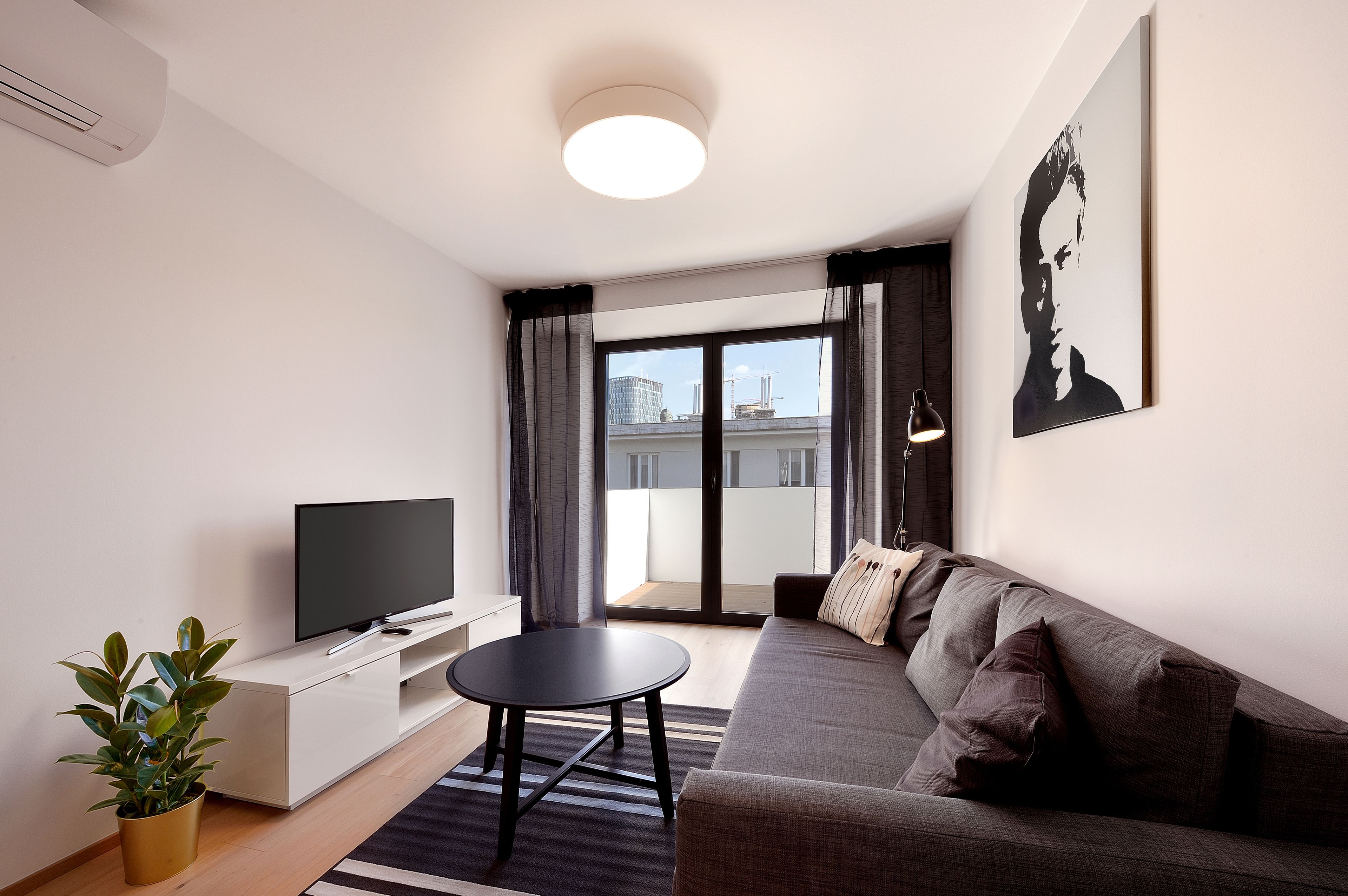 A modern living room with a flat-screen TV, a sofa, a coffee table, and a potted plant.