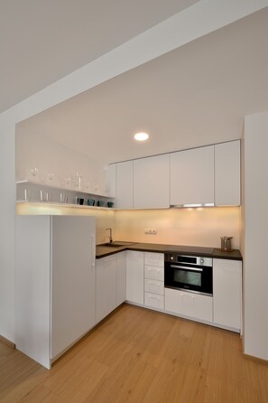 Full-sized fridge, oven, dishwasher, cookware/dishes/utensils