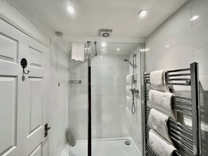 Bathroom features a glass-enclosed shower with handheld showerhead and wall-mounted faucet.